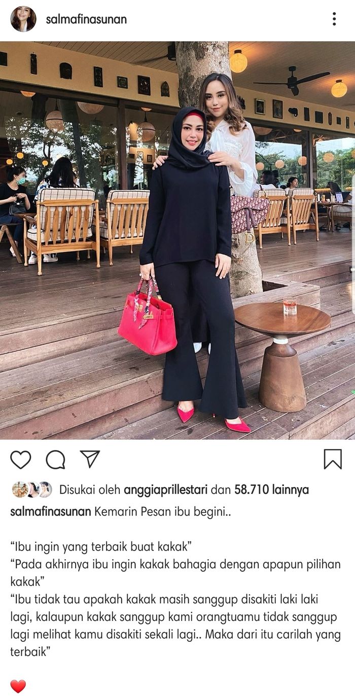 Setelah memperkenalkan pria bule yang saat ini mengisi hatinya, Salmafina Sunan mendapatkan nasihat dari sang bunda, Heidy Sunan. (Instagram @salmafinasunan)