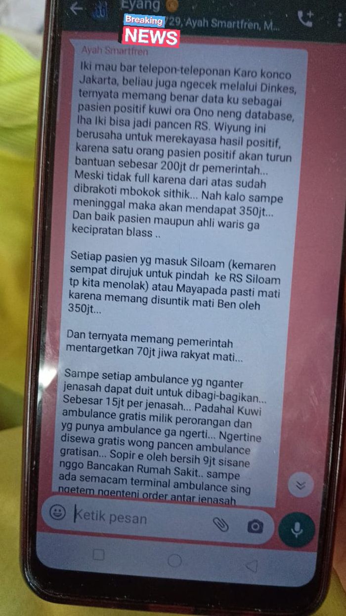 Isi percakapan diduga adanya seorang pasien dijadikan pasien positif Covid-19