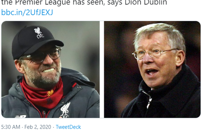 Juru taktik Liverpool, Juergen Klopp (kiri) dan mantan pelatih Manchester United, Sir Alex Ferguson (kanan)