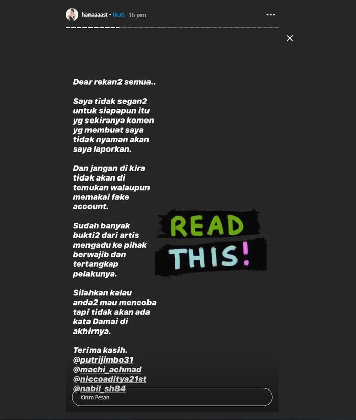 Hana Hanifah beri ancaman keras ke netizen yang kerap nyinyir kepadanya. 