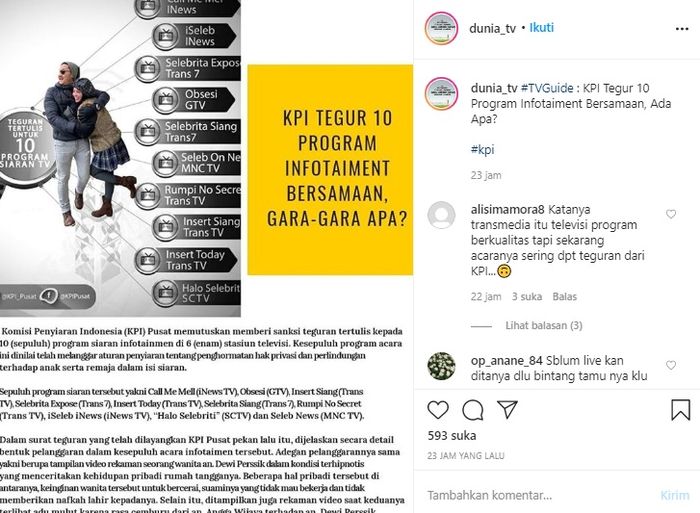 Instagram @dunia_tv__ KPI tegur 10 program infotaiment lantaran menayangkan video saat Dewi Perssik dihionotis dan minta cerai.