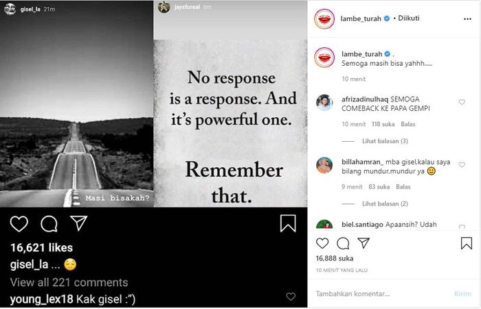 Unggahan akun gosip tentang curhatan galau Wijin dan Gisel yang tampak berkesinambungan.