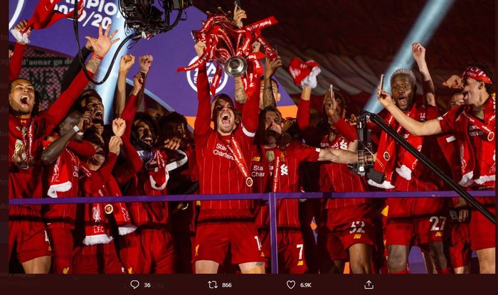 Pemain Liverpool merayakan gelar juara Liga Inggris 2019-2020.