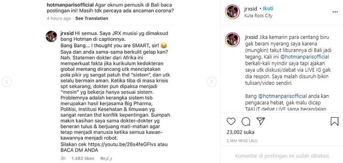  Jerinx SID geram lantaran merasa kena sindir oleh Hotman Paris yang menyinggung soal oknum pemusik di Bali tak percaya corona.