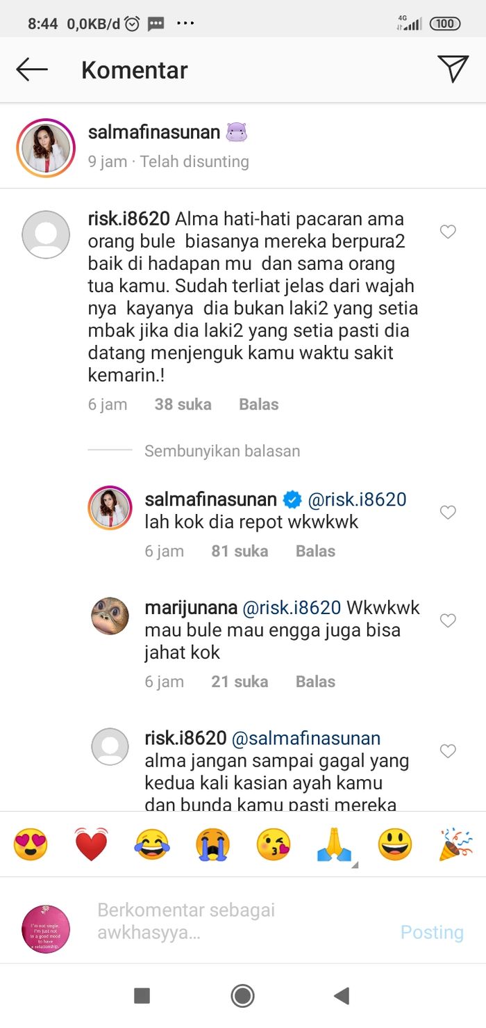 Komentar netizen terkait hubungan Salmafina dengan pria bule. (instagram/salmafinasunan)
