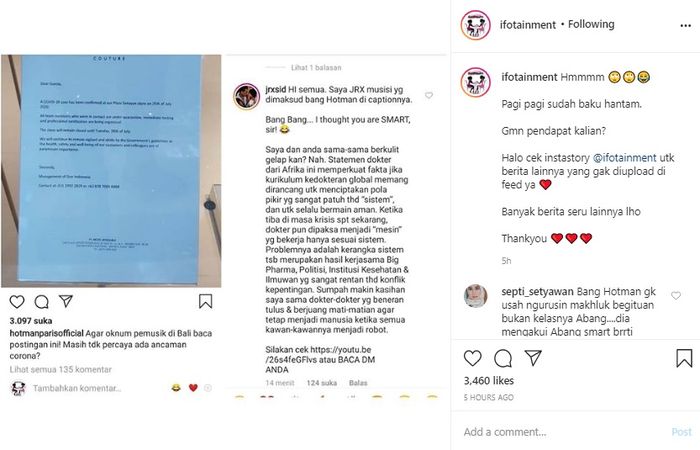 Hotman Paris sentil oknum pemusik di Bali yang tidak percaya dengan corona.