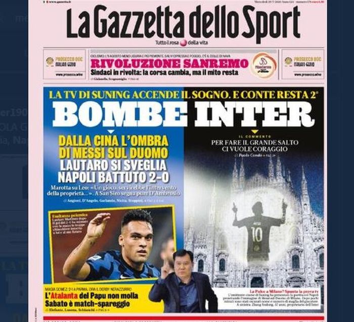 Halaman muka La Gazzetta dello Sport yang memuat gambar siluet Lionel Messi di Katedral Duomo di Milano edisi terbaru.