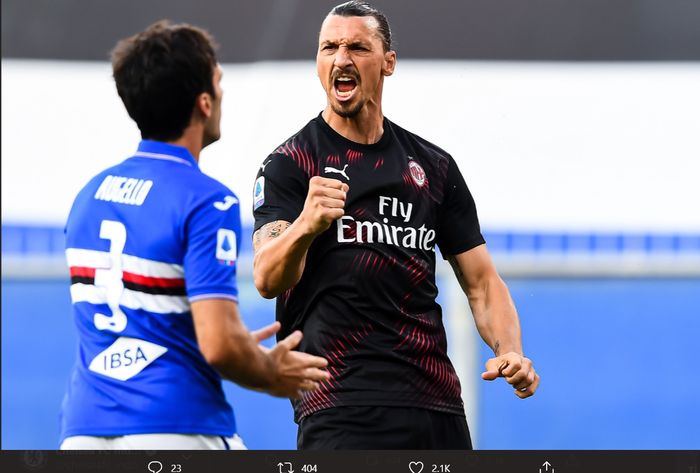 Ekspresi Zlatan Ibrahimovic usai mencetak gol ke gawang Sampdoria pada laga pekan ke-37 AC Milan di Liga Italia, Rabu (29/7/2020).