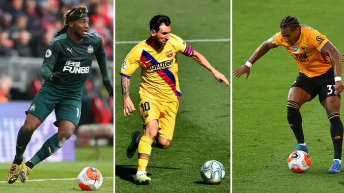 (Dari kiri ke kanan) Pemain Newcastle,  Allan Saint-Maximin, pemain Barcelona, Lionel Messi dan pemain Wolves, Adama Traore, yang berhasiil masuk dalam lima besar pemain dengan dribble tersukses selama musim 2019/2020.
