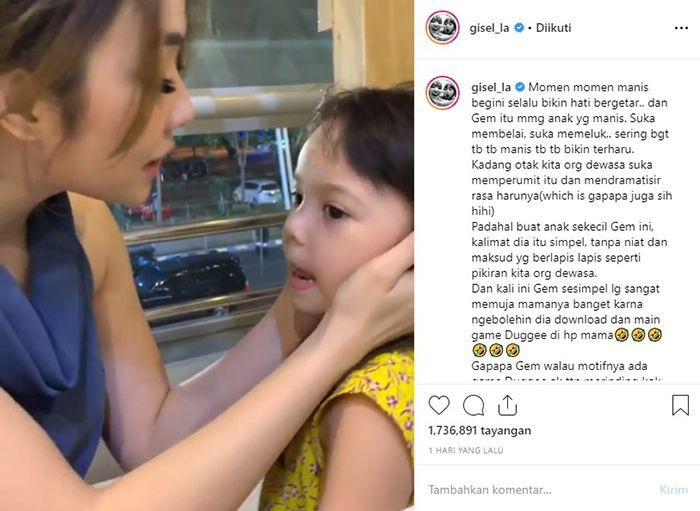 Instagram Gisel menceritakan tentang sikap Gempita