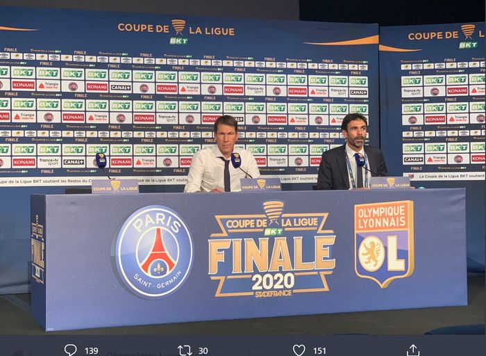 Pelatih Lyon, Rudi Garcia, dalam jumpa pers usai final Piala Liga Prancis, Jumat (31/7/2020).