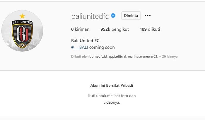 Perubahan yang terjadi pada media sosial Instagram resmi Bali United, 2 Agustus 2020.