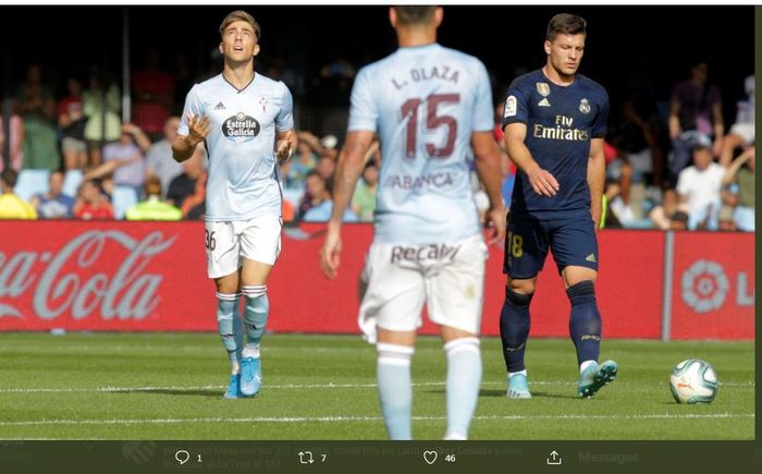 Iker Losada (kiri) mencetak gol Celta Vigo ke gawang Real Madrid di LaLiga 2019-2020.