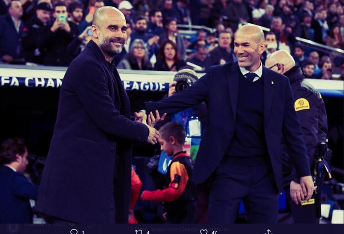 Momen pertemuan Pep Guardiola dan Zinedine Zidane dalam laga leg pertama babak 16 besar Liga Champions pada Februari lalu.