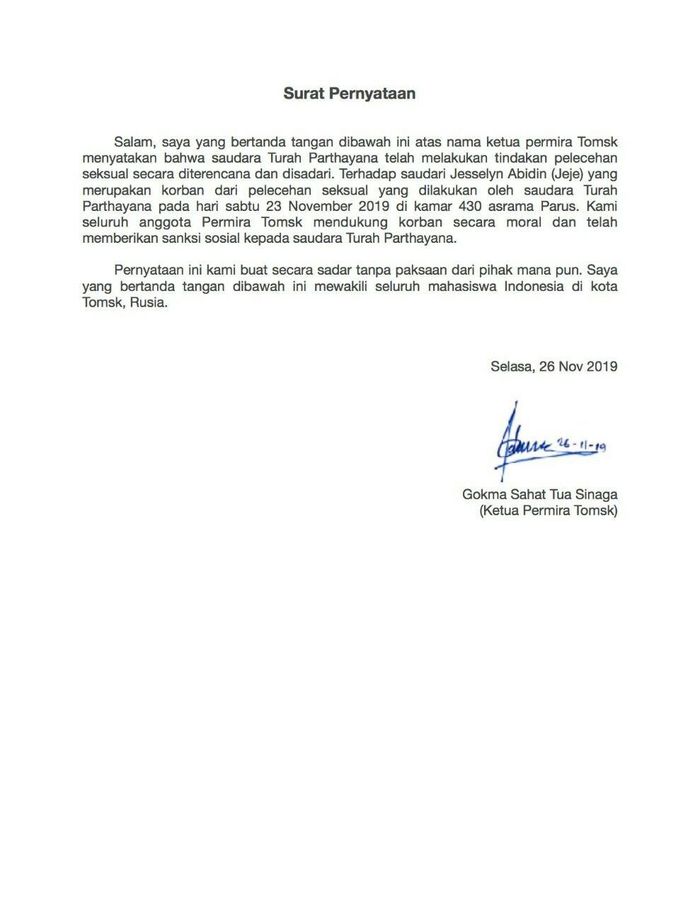 Surat pernyataan bahwa vlogger <a href='https://kupang.tribunnews.com/tag/turah-parthayana' title='Turah Parthayana'>Turah Parthayana</a> telah melakukan <a href='https://kupang.tribunnews.com/tag/pelecehan-seksual' title='pelecehan seksual'>pelecehan seksual</a>