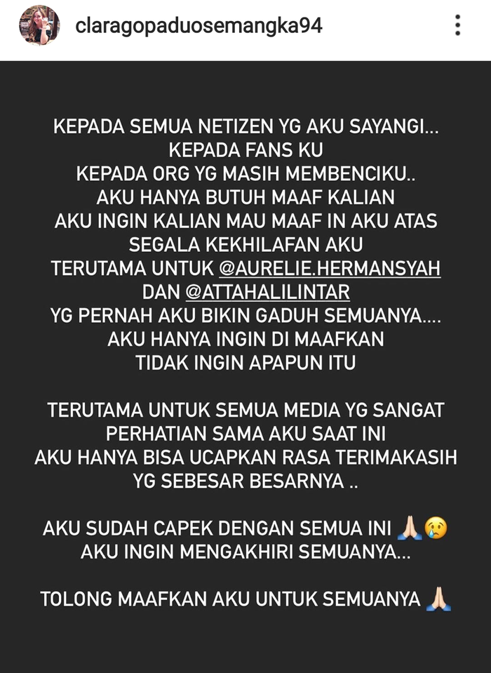 Permintaan maaf Clara Gopa karena telah membuat kegaduhan.