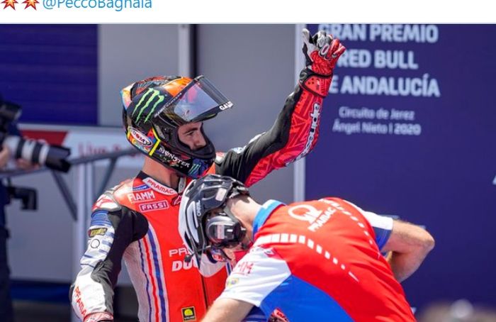 Selebrasi pembalap Pramac Racing, Francesco Bagnaia, setelah merebut posisi start ketiga pada kualifikasi MotoGP Andalusia di Sirkuit Jerez, Spanyol, 25 Juli 2020.