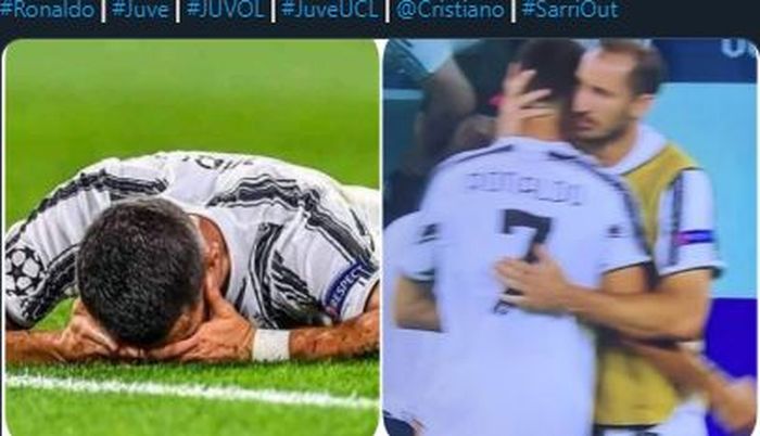 Momen Ronaldo menangis di pelukan Geiorgio Chiellini usai Juventus dikalahkan oleh Olympique Lyon.