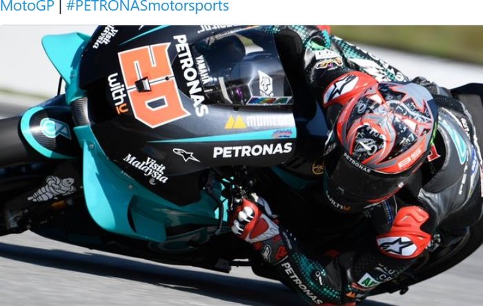 Pembalap Petronas Yamaha SRT, Fabio Quartararo, saat tampil pada sesi latihan bebas MotoGP Republik Ceska di Sirkuit Brno, Republik Ceska, 7 Agustus 2020.