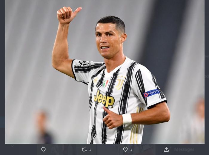Cristiano Ronaldo merayakan golnya dalam duel Juventus vs Lyon pada babak 16 besar Liga Champions di Allianz Turin, 7 Agustus 2020.