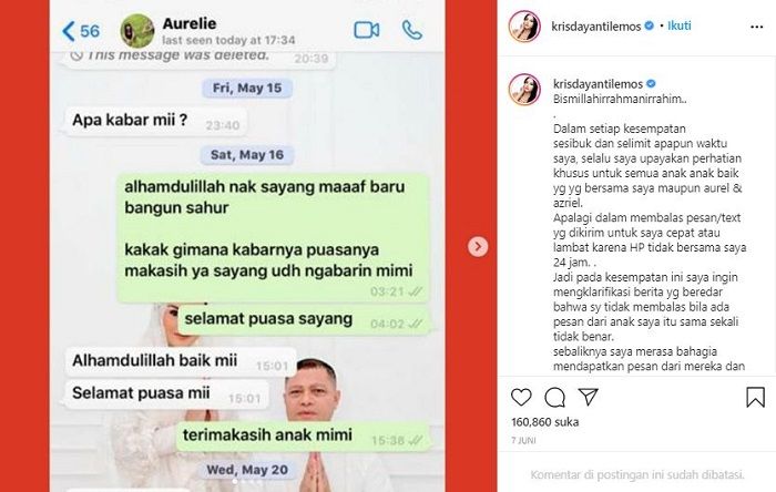 Bukti percakapan WhatsApp antara Krisdayanti dan Aurel Hermansyah yang diunggah sang penyanyi di Instagram