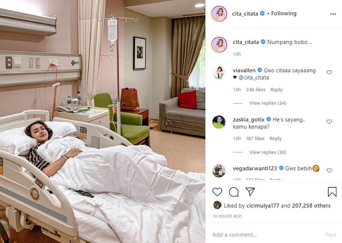 Unggahan Cita Citata yang tengah terbaring sakit
