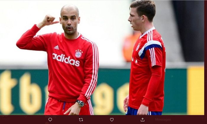 Pierre-Emile Hojbjerg berbicara dengan Pep Guardiola saat keduanya masih di Bayern Muenchen.