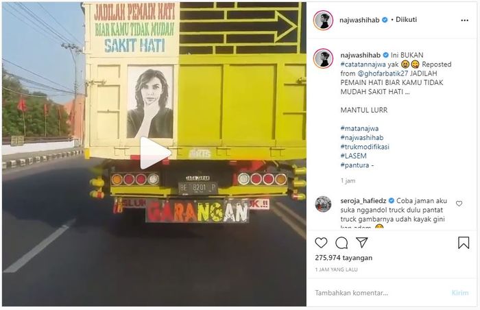 Unggahan Najwa Shihab yang memamerkan wajah cantiknya di belakang truk