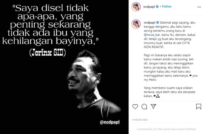 Unggahan Nora Alexandra tentang hasil rapid test Jerinx