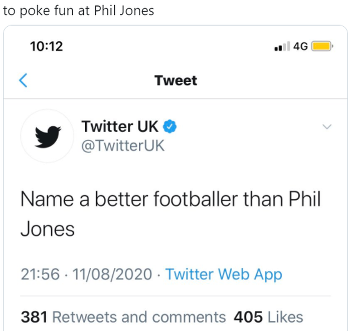 Cuitan dari akun @TwitterUK yang dianggap mengejek Phil Jones.