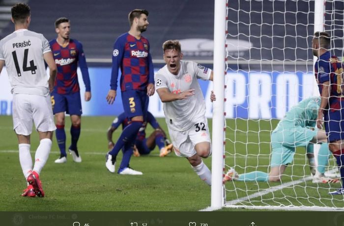 Bek kanan Bayern Muenchen, Joshua Kimmich, turut menymbang satu gol dalam kemenangan 8-2 atas Barcelona pada laga perempat final Liga Champions di Estadio Da Luz, Jumat (14/8/2020) atau Sabtu dini hari WIB.