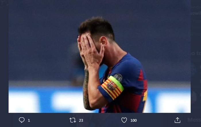 Ekspresi Lionel Messi saat Barcelona digebuk Bayern Muenchen di Liga Champions, 14 Agustus 2020.
