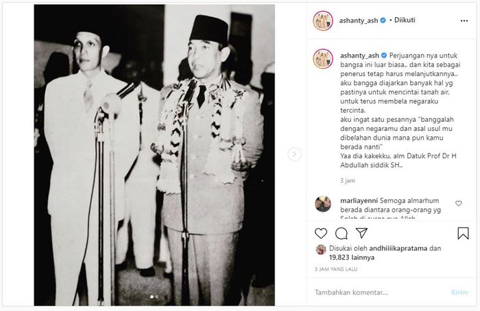 Unggahan Ashanty mengunggah momen sang kakek bersama Presiden Soekarno demi menyambut HUT RI ke-17