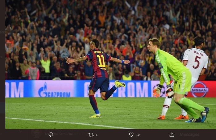 Neymar merayakan gol untuk Barcelona dalam laga Liga Champions kontra Bayern Muenchen.