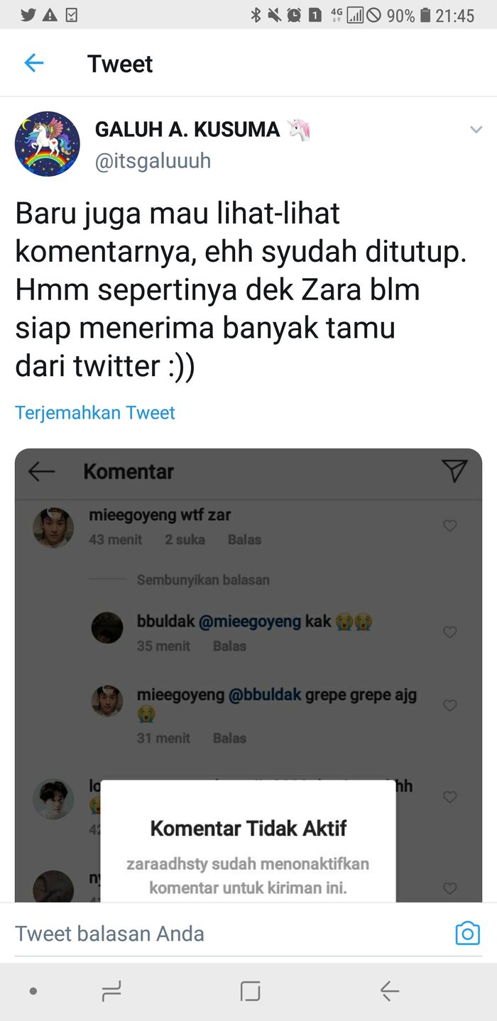 Komentar netizen tanggapi video yang diduga Zara. (Tangkap layar Twitter @itgaluuuh)