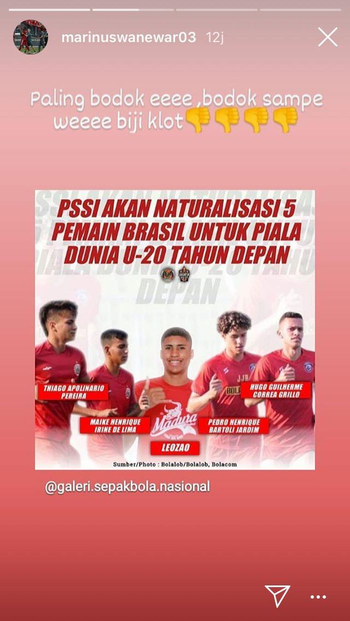 Penyerang Persipura Jayapura, Marinus Wanewar, berikan komentar tentang calon lima pemain Brasil yang akan dinaturalisasikan PSSI