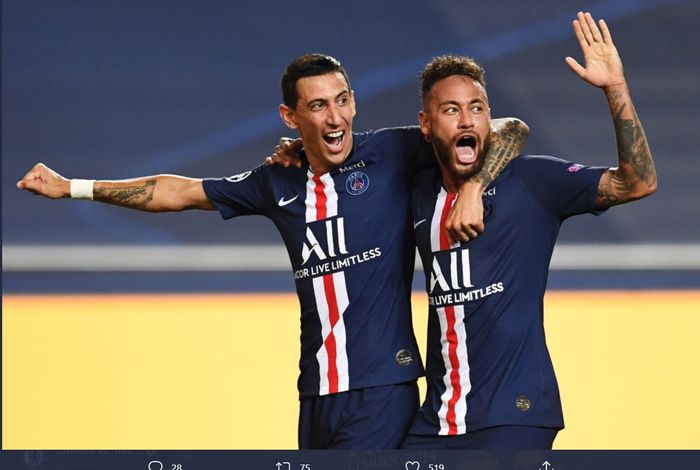 Momen Angel Di Maria dan Neymar merayakan gol pada laga kontra RB Leizpig di laga semifinal Liga Champions 2019-2020.