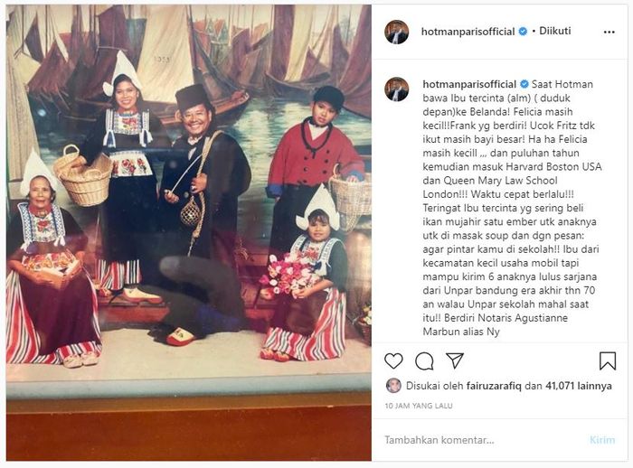 Unggahan Hotman Paris mengenang perjuangan sang ibu untuk dirinya ketika masih hidup di daerah kecil