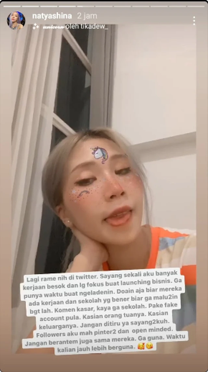Unggahan Instagram Story Natya Shina setelah dirinya dikecam