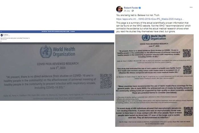 Unggahan yang menyebutkan, WHO menilai orang sehat yang memakai masker tidak efektif