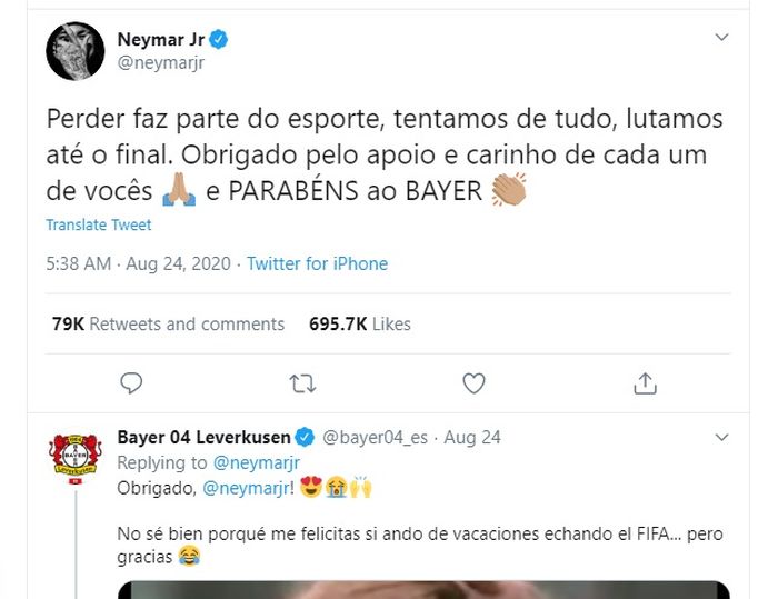Akun Twitter resmi Bayer Leverkusen memberikan tanggapan kepada salah satu tweet Neymar.