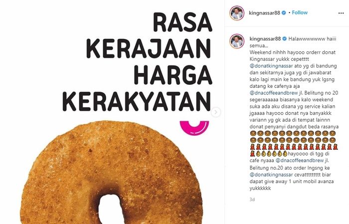 Unggahan Nassar saat promosikan donatnya