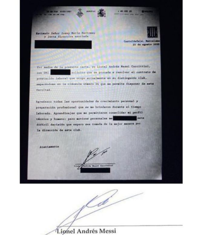 Faks yang merupakan permohonan Lionel Messi untuk meninggalkan Barcelona yang ditujukan kepada Presiden Josep Bartomeu.