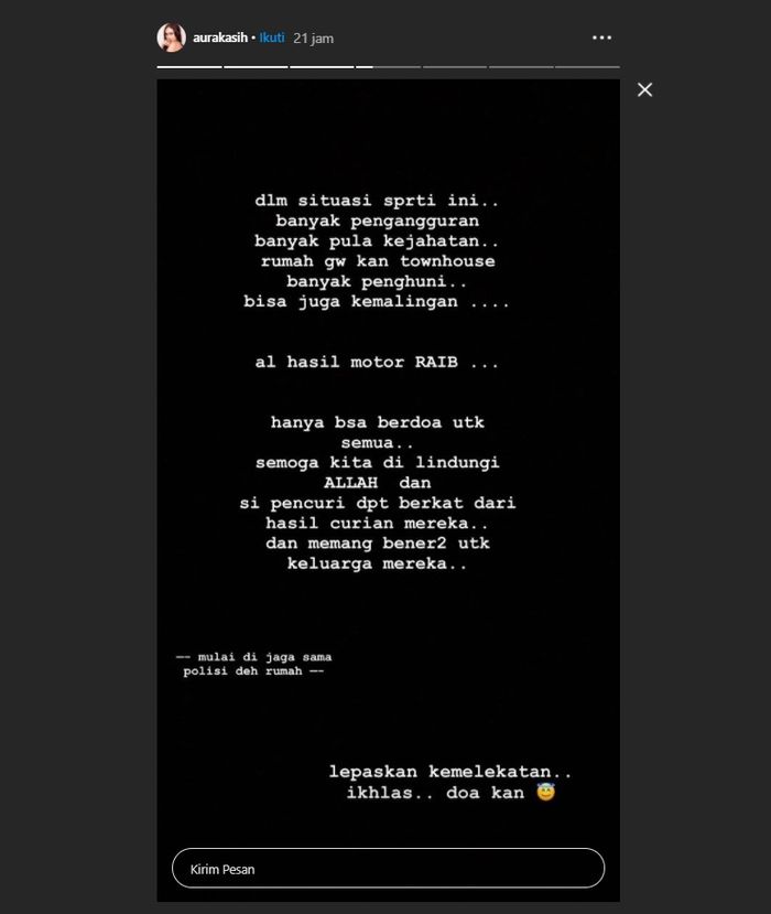 Aura Kasih baru-baru ini curhat di media sosial lantaran baru saja kemalingan motor Instagram @aurakasih