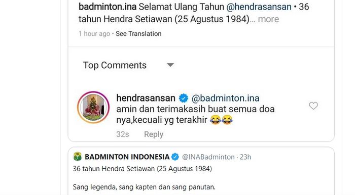 Komentar pemain ganda putra Indonesia, Hendra Setiawan, dalam video ucapan selamat ulang tahun yang diunggah akun resmi PBSI.