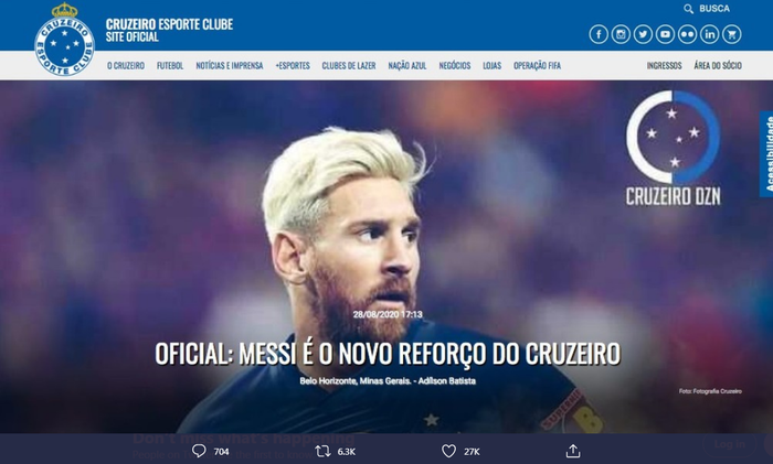 Unggahan di laman resmi Cruzeiro yang diretas oleh hacker dan diklaim telah mendatangkan Lionel Messi.