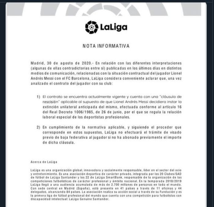 Dokumen LaLiga yang menyatakan bahwa klausul pelepasan Lionel Messi di Barcelona masih valid.