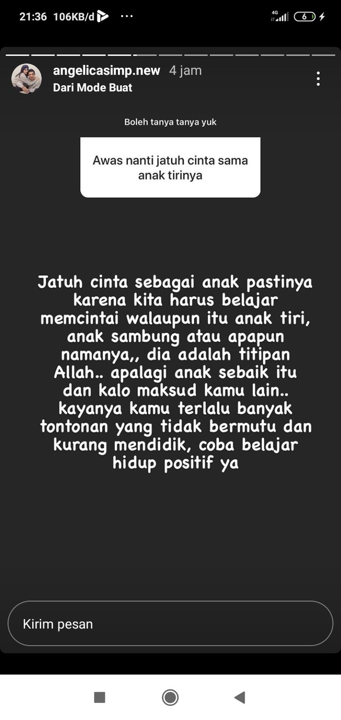 Angelica Simperler memberikan jawaban menohok ketika seorang netizen memberi peringatan untuk tak jatuh cinta dengan putra sambung, Ahmad Titan Attariq.
