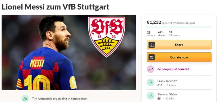 Hasil penggalangan dana pembelian Lionel Messi oleh suporter Stuttgart pada Selasa (1/9/2020) pagi WIB.