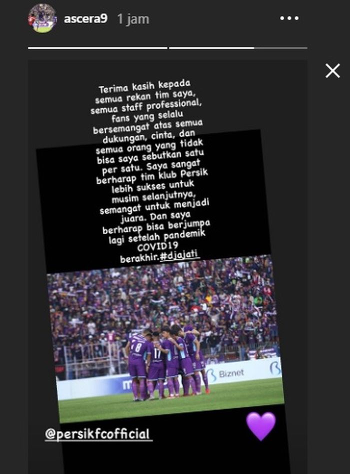 Unggahan Insta Story dari striker asing Persik Kediri, Nikola Asceric, 1 September 2020